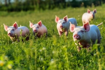 Pigs on a green meadow on a farm created with generative AI technology.