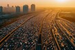 Aerial view of a highway with a huge traffic jam created with generative AI technology.