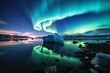 An iceberg landscape with water reflection the aurora borealis in the sky created with generative AI technology.