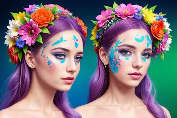 Young glamour attractive sexy european brunette girl with beautiful colorful paint on her face with flowers in long hair in front of color background. Young charming woman in face-art. Generative AI