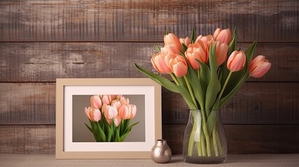 Sticker - Mother's Day design concept with tulip flower in glass vase and photo frame decoration on wooden table background wall at home. Generative AI