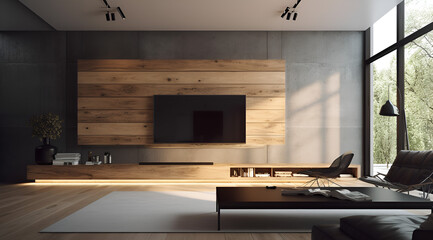 Poster - oak wood flat panel television in modern interior. Generative AI.