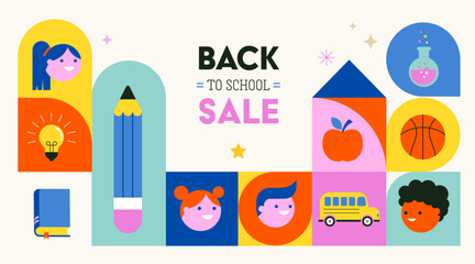 Vibrant Color Back To School background concept design. Geometrical flat style illustration, banner and poster. Kids, school supplies, backpack and yellow bus illustration