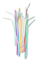 Different plastic drinking straws on white background