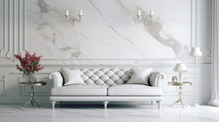 Poster - : An interior design example of a living room with a white marble wall. luxurious style. living room minimalist decor. couch against the texture of the white marble walls. Generative AI