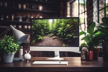 Wall Mural - Monitor on table, mockup, blank screen Generative AI