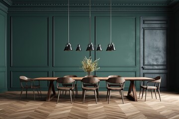 Poster - In a gray room with a large doorway, there is a long wooden dining table with green and wooden chairs. a mockup Generative AI