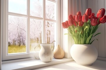 Poster - Decorated interior of a home. Mockup with a light background and red tulips in a vase in a white frame. Generative AI