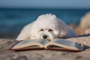 Wall Mural - Environmental portrait photography of a tired bichon frise reading a book against a beach background. With generative AI technology