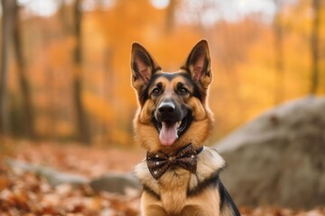 Wall Mural - Environmental portrait photography of a funny german shepherd wearing a bow tie against an autumn foliage background. With generative AI technology