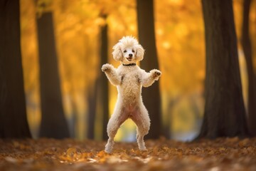 Wall Mural - Medium shot portrait photography of a funny poodle standing on hind legs against an autumn foliage background. With generative AI technology