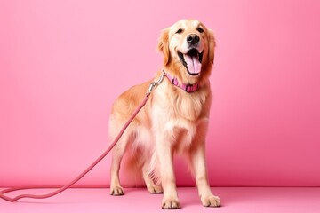 Sticker - Full-length portrait photography of a smiling golden retriever holding a leash in its mouth against a pastel or soft colors background. With generative AI technology