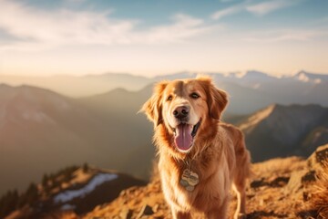 Wall Mural - Medium shot portrait photography of a happy golden retriever being on a mountain peak against a pastel or soft colors background. With generative AI technology