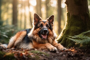 Wall Mural - Lifestyle portrait photography of a happy german shepherd lying down against forests and woodlands background. With generative AI technology