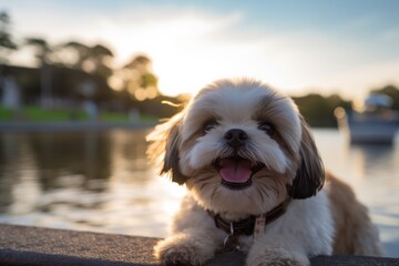 Wall Mural - Environmental portrait photography of a smiling shih tzu sitting against lakes and rivers background. With generative AI technology