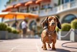 Fototapeta Zwierzęta - Medium shot portrait photography of a happy dachshund walking on a leash against pet-friendly hotels and resorts background. With generative AI technology