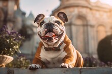 Lifestyle Portrait Photography Of A Happy Bulldog Having A Butterfly On Its Nose Against Historic Landmarks Background. With Generative AI Technology