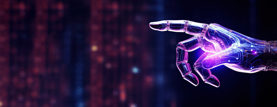 A robotic hand with a holographic finger on cyber background with copy space. Humanoid mechanical arm with neon illumination. Banner. Generative Ai.