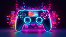 Video Gamepad Controller With Neon LED Lights. Leisure And Digital Entertainment. Game Joystick Abstract Background With Bright Illuminated Neon Lights Games And Gameplay Elements. Generative Ai.
