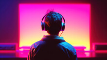 Person From Behind Wearing Headphones Listen To Music At Isolated Table In Front Of Huge Neon Monitor. Person In Bluetooth-headphones On His Head. Futuristic Music Technology Concept. Generative Ai.