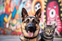 Lifestyle Portrait Photography Of A Cute German Shepherd Being With A Pet Cat Against Art Installations Background. With Generative AI Technology