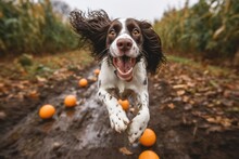 Full-length Portrait Photography Of A Funny English Springer Spaniel Playing In The Rain Against Pumpkin Patches Background. With Generative AI Technology