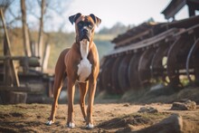 Medium Shot Portrait Photography Of A Curious Boxer Dog Standing On Hind Legs Against Horse Stables And Riding Trails Background. With Generative AI Technology