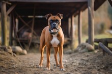 Medium Shot Portrait Photography Of A Curious Boxer Dog Standing On Hind Legs Against Horse Stables And Riding Trails Background. With Generative AI Technology