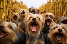 Group Portrait Photography Of A Funny Yorkshire Terrier Barking Against Corn Mazes Background. With Generative AI Technology