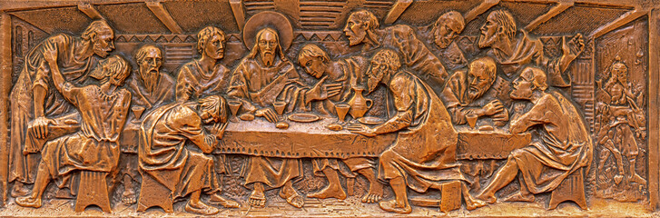 Wall Mural - Title: NAPLES, ITALY - APRIL 23, 2023: The bronze relief of Last supper in chapel of the church Chiesa di San Giovanni a Carbonara by Luigi Feretti (1965).