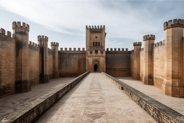 grand stone walkway leading up to a majestic castle-like building. Generative AI