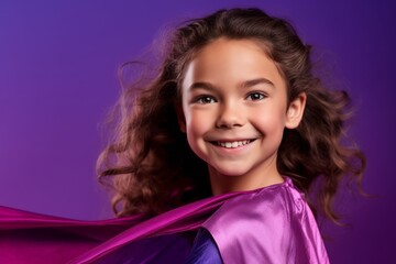 Wall Mural - Headshot portrait photography of a satisfied kid female posing like a superhero against a vibrant purple background. With generative AI technology