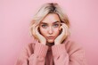 Headshot portrait photography of a glad girl in her 20s covering one's eyes against a pastel pink background. With generative AI technology