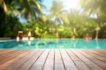 empty wooden deck with swimming pool