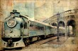 Romantic card with image of a vintage train and tree. pastel colors. vintage art and art nouveau. Furniture style greeting card. Generative AI