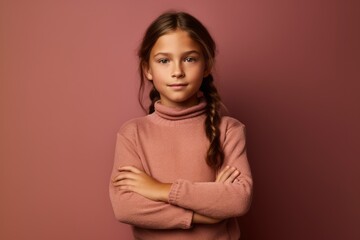 Medium shot portrait photography of a satisfied kid female crossing the arms against a dusty rose background. With generative AI technology