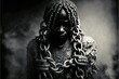 Portrait of person wearing chains. Slavery and freedom concept. Realistic wall art.