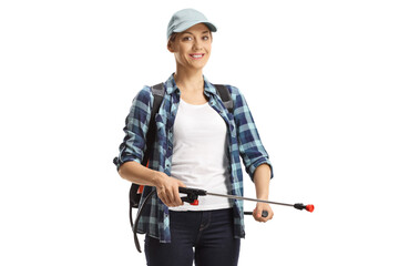 Poster - Female agriculture worker with a fertilizer