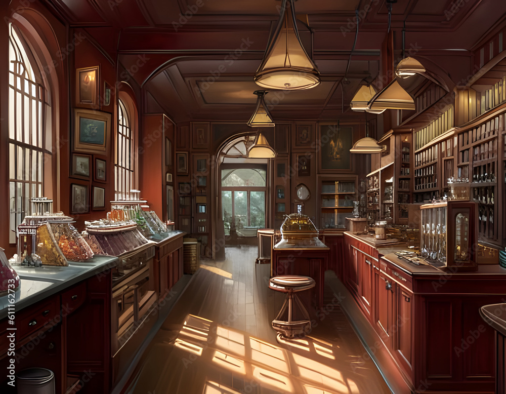 the interior of an old-fashioned candy shop with sweets displayed on wooden shelves, cabinets and counters. generative ai illustration