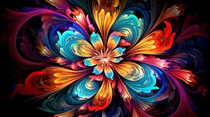Poster - A vibrant flower contrasted against a black background. Generative ai