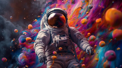 Wall Mural - A spaceman in a colorful ball pit. Generative ai