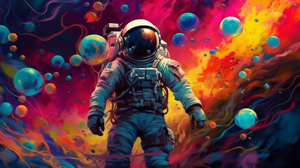 Wall Mural - A man wearing a space suit and standing on a planet's surface. Generative ai