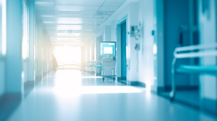 Blurred interior of hospital - abstract medical background. Generative AI