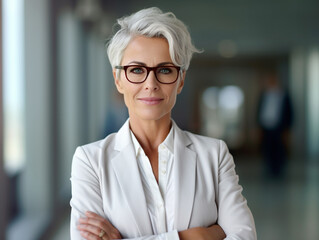 Happy middle aged business woman ceo standing in office arms crossed. Smiling mature confident professional executive manager, proud lawyer, businessman leader wearing white suit. created with ai