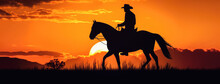 Cowboy Riding A Horse Into Sunset, Only Silhouette Visible Against Orange Sky. Wide Banner With Space For Text. Generative AI