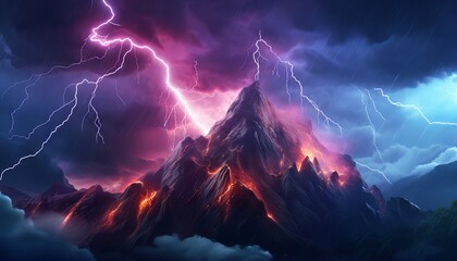 abstract landscape background with stormy clouds, vivid lightning, and imposing rocky mountains. Generative ai