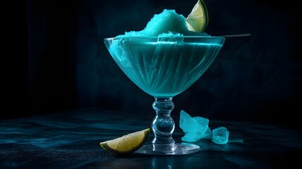 Wall Mural -  Alcoholic Frozen Blue Daiquiri Cocktail in modern style served on a elegant minimalist dark violet background, futuristic, abstract, luxury, pastel blue, green colors, sunlight, lime, AI Generated.