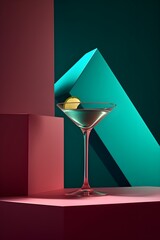 Poster - Alcoholic Frozen Daiquiri Cocktail in modern style served on elegant minimalist pastel pink background, futuristic, abstract, luxury, sunlight, design, tropical leaves shadows, geometry, AI Generated.