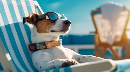 Jack russell terrier dog with sunglasses sunbathing on sun lounger. summer and vacation concepts. Generative AI