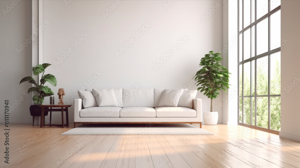 White minimalist living room interior with sofa on a wooden floor ...